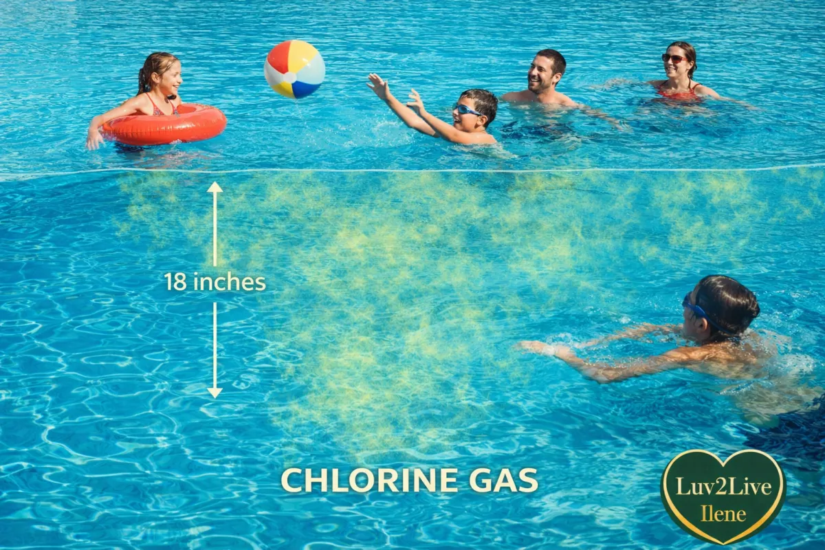 Family swimming in chlorinated pool breathing chlorine gas concentrated 18 inches above water surface — chlorine exposure risks for children and families — Luv2Live Ilene