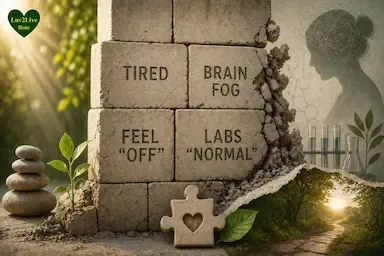 Stone wall labeled with fatigue, brain fog, feeling off, and normal labs, representing hidden blocks affecting health and root causes beneath the surface
