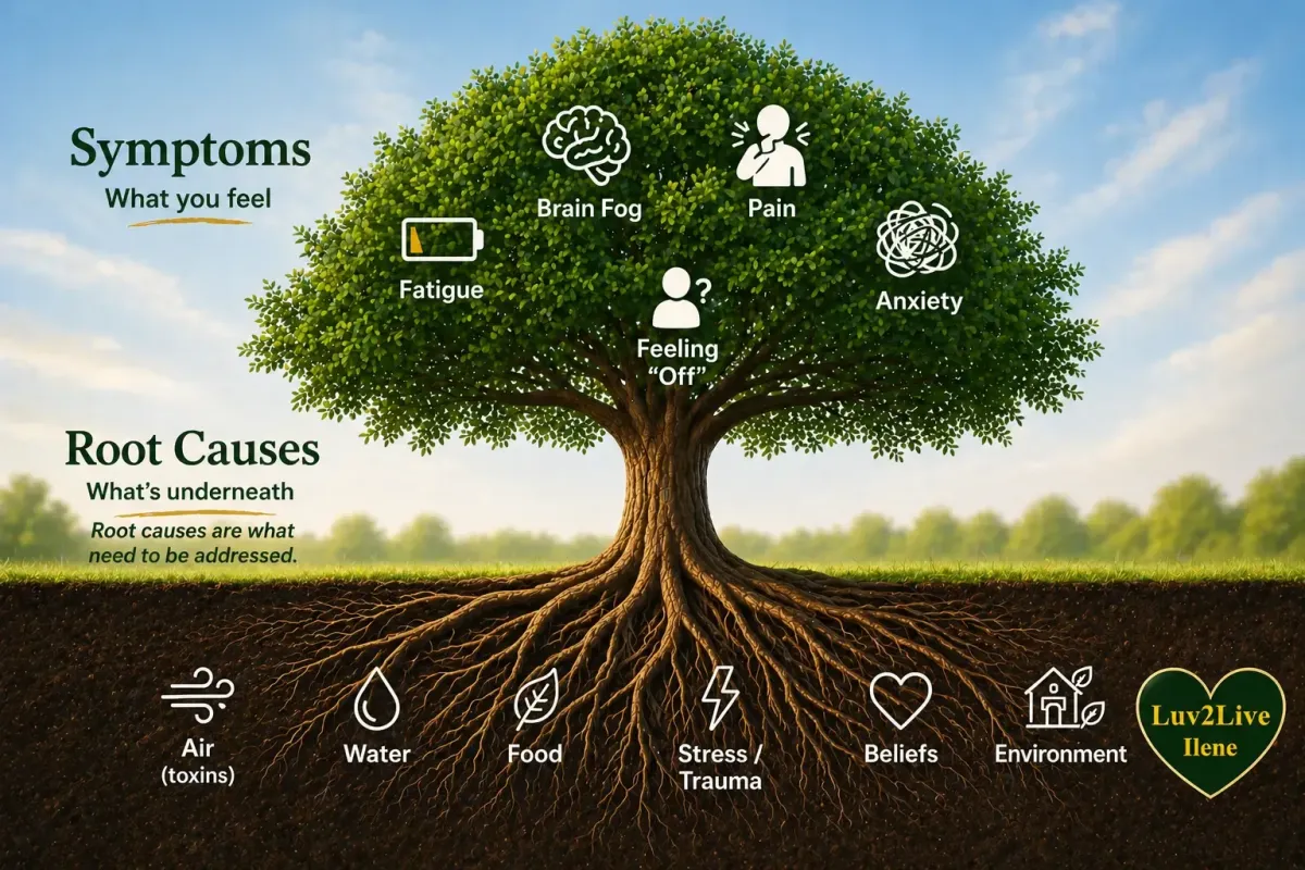 Infographic showing symptoms like fatigue, brain fog, pain, and anxiety in a tree canopy, with root causes like air toxins, water, food, stress, trauma, beliefs, and environment beneath the roots