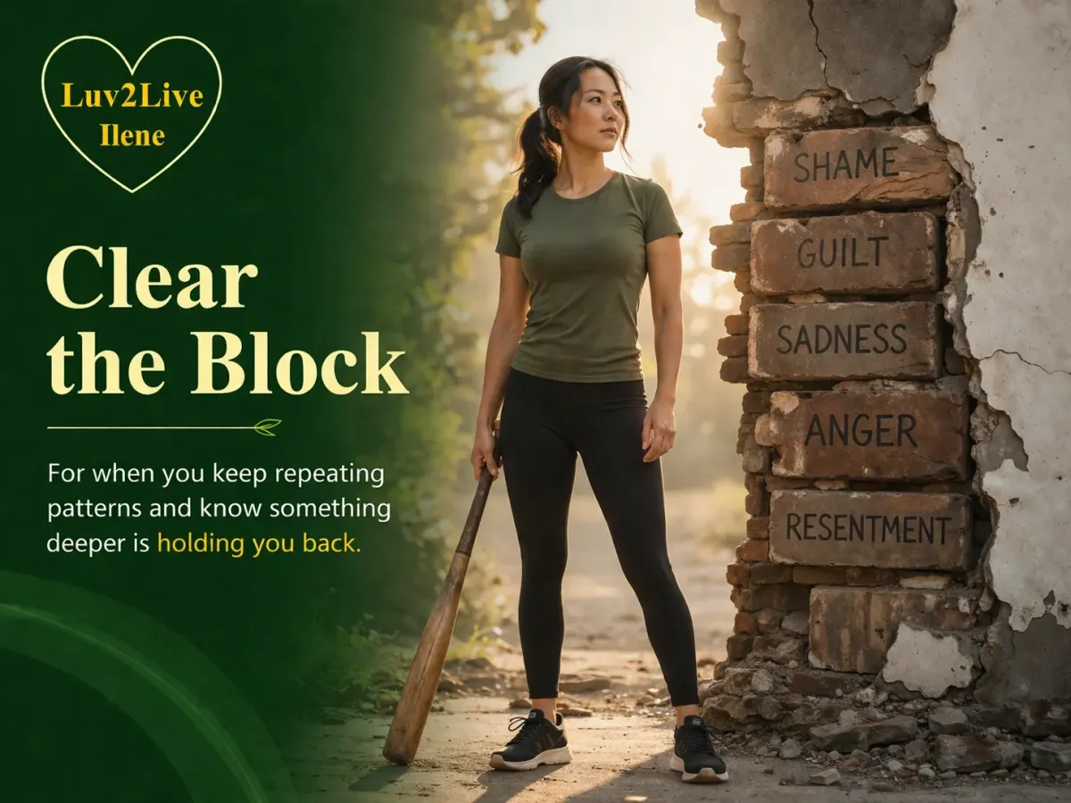 Woman breaking emotional blocks like shame, guilt, and anger symbolized by brick wall – Luv2Live Ilene
