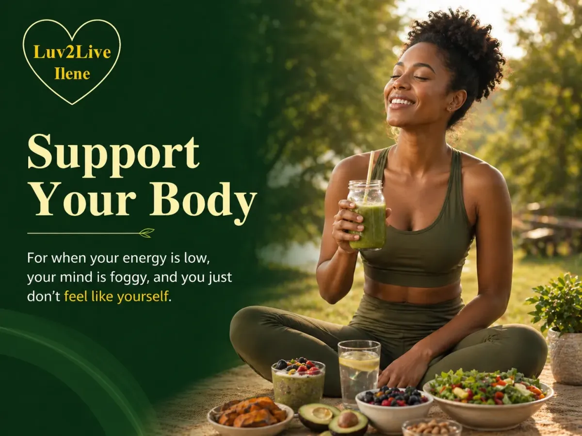 woman enjoying healthy foods and smoothie for natural energy and body support – Luv2Live Ilene