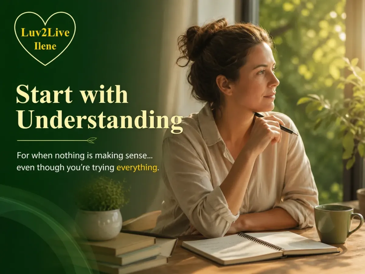 Woman reflecting with journal to understand root cause of fatigue, brain fog, and health confusion – Luv2Live Ilene