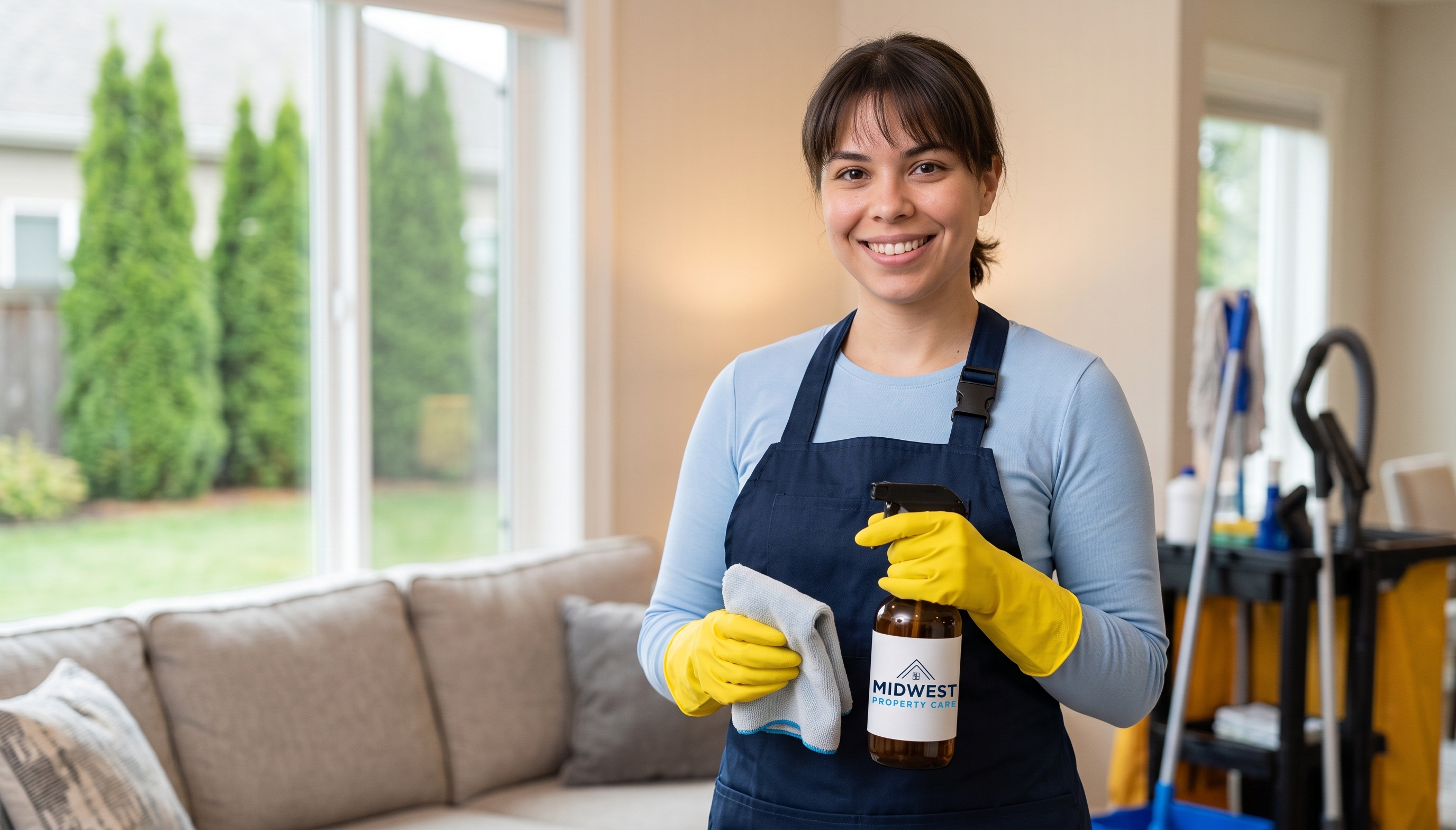 A professional Midwest Property Care cleaner holding a branded cleaning supply basket in a spotless Fort Wayne home, showcasing reliable local service.
