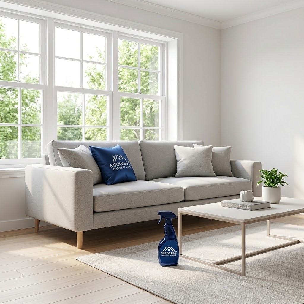 A pristine, spotless living room scene by Midwest Property Care in Fort Wayne, IN, showcasing custom branding on a pillow, cleaning basket, and vacuum.