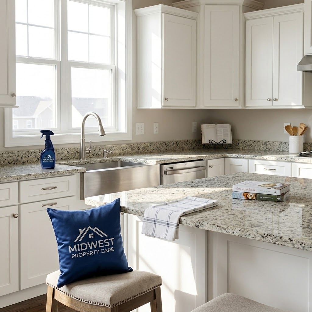 Detail of a spotless, deep-cleaned modern kitchen countertop and sink in Fort Wayne, featuring a Midwest Property Care branded cleaning spray and a blue logo pillow.
