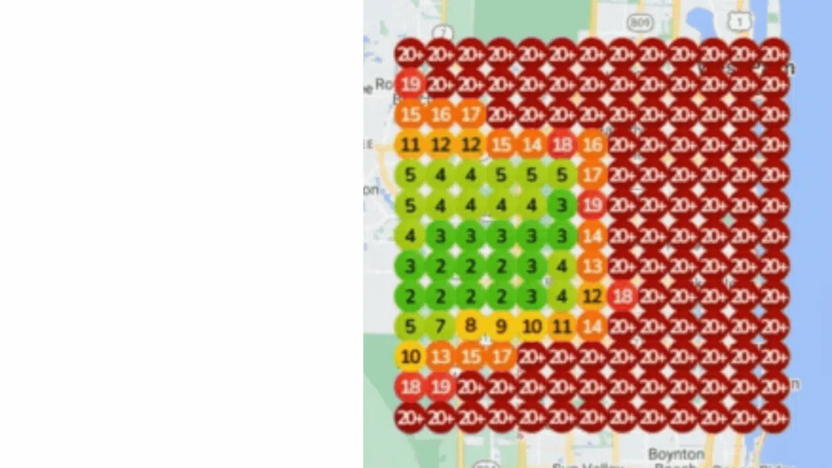 Geogrid showing a business going from red to green after SEO has been done