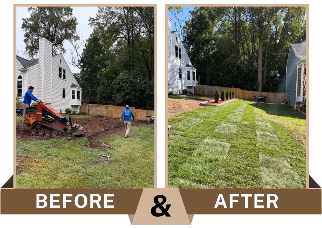 Before-and-after at Legacy at Jordan Lake in Chapel Hill, North Carolina showing overgrowth cleared, the yard leveled, fresh sod installed, and three new trees planted.