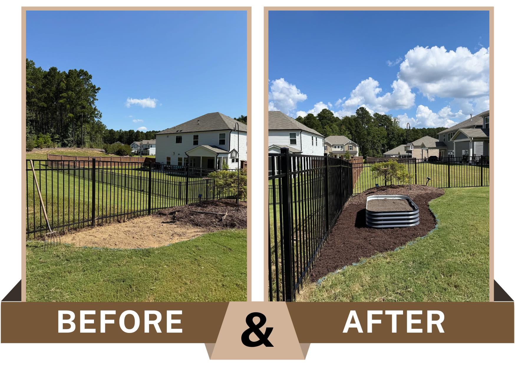 Before-and-after in New Hill, North Carolina showing a raised garden bed built and set in place with a clean surrounding bed area.