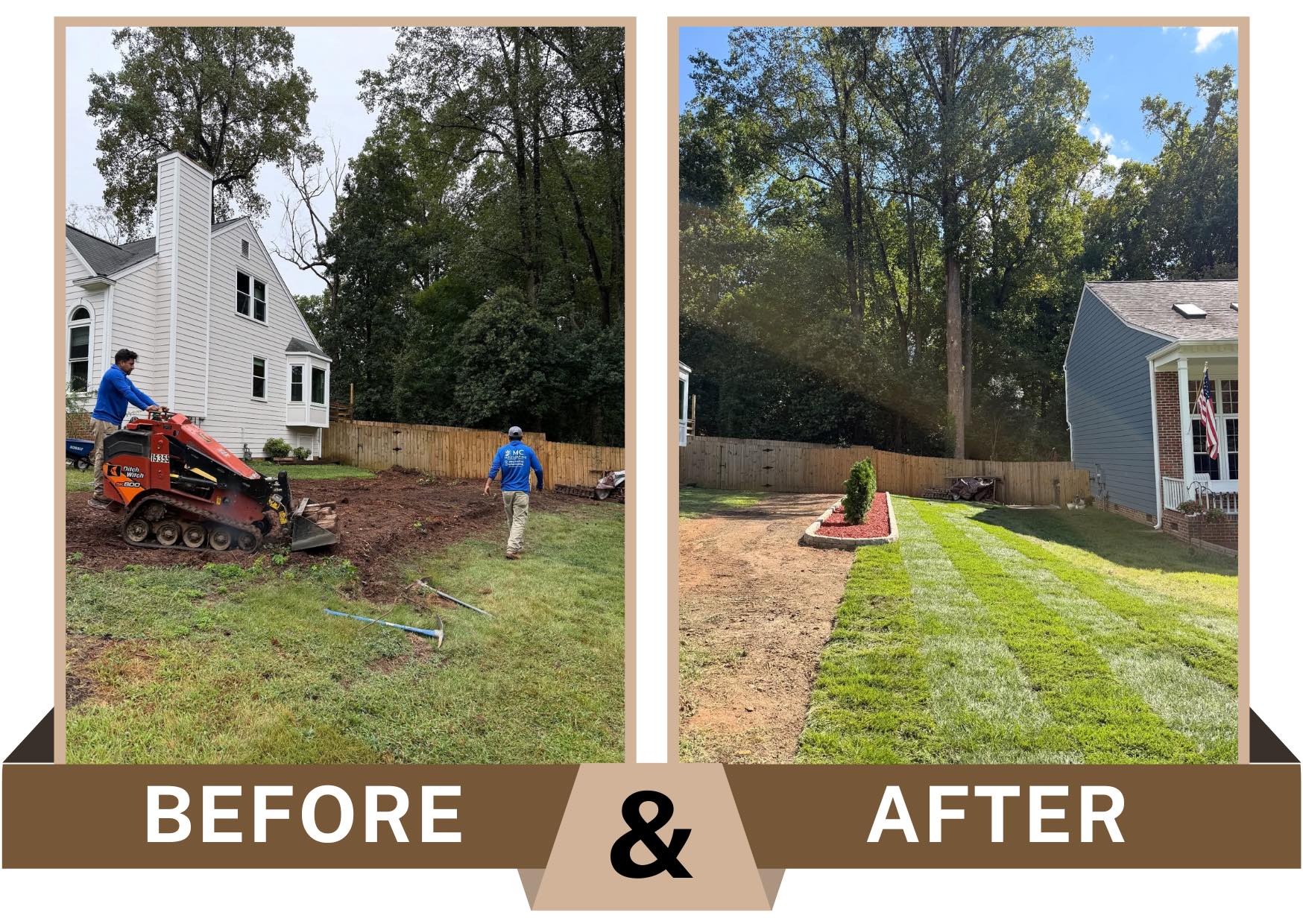 Before-and-after landscaping in Cary, North Carolina showing yard grading work with a skid steer, then a finished side yard with fresh grass, stone edging, and a row of green arborvitae planted along a new bed.