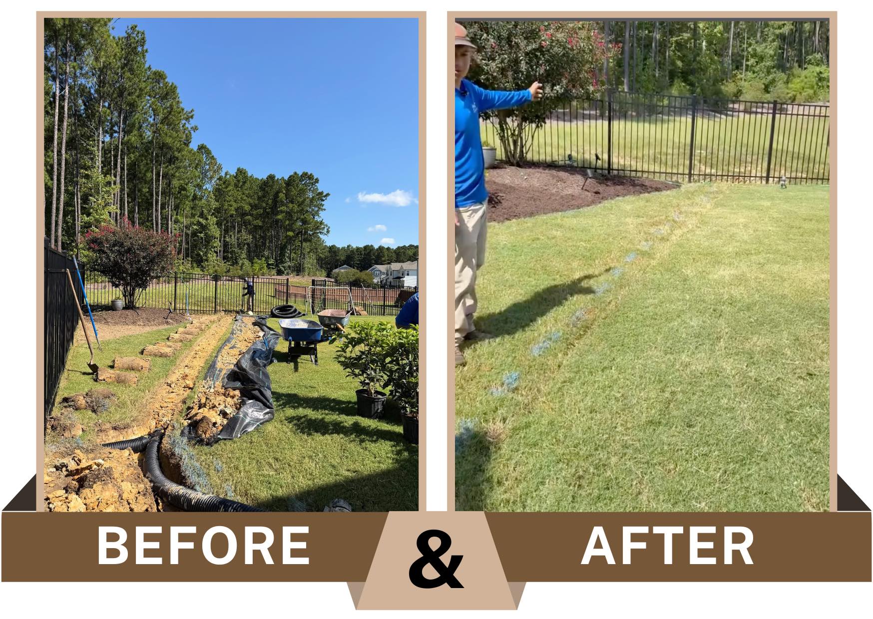 Before-and-after in New Hill, North Carolina showing a drainage line/extension installed to redirect water away from the yard and landscape beds.