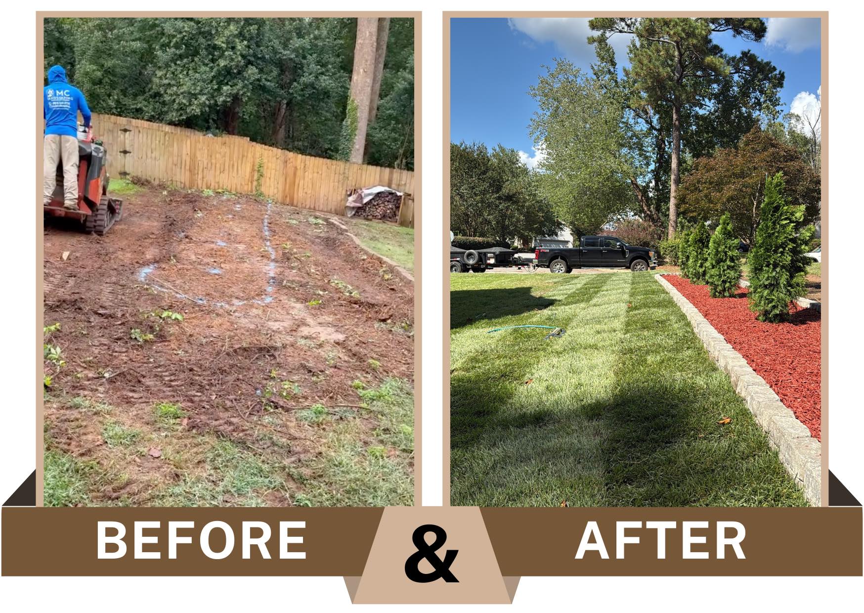Before-and-after photo in Cary, NC showing a graded planting area marked out, then the completed landscape with a stone border, fresh mulch bed, and five green arborvitae creating a privacy line.