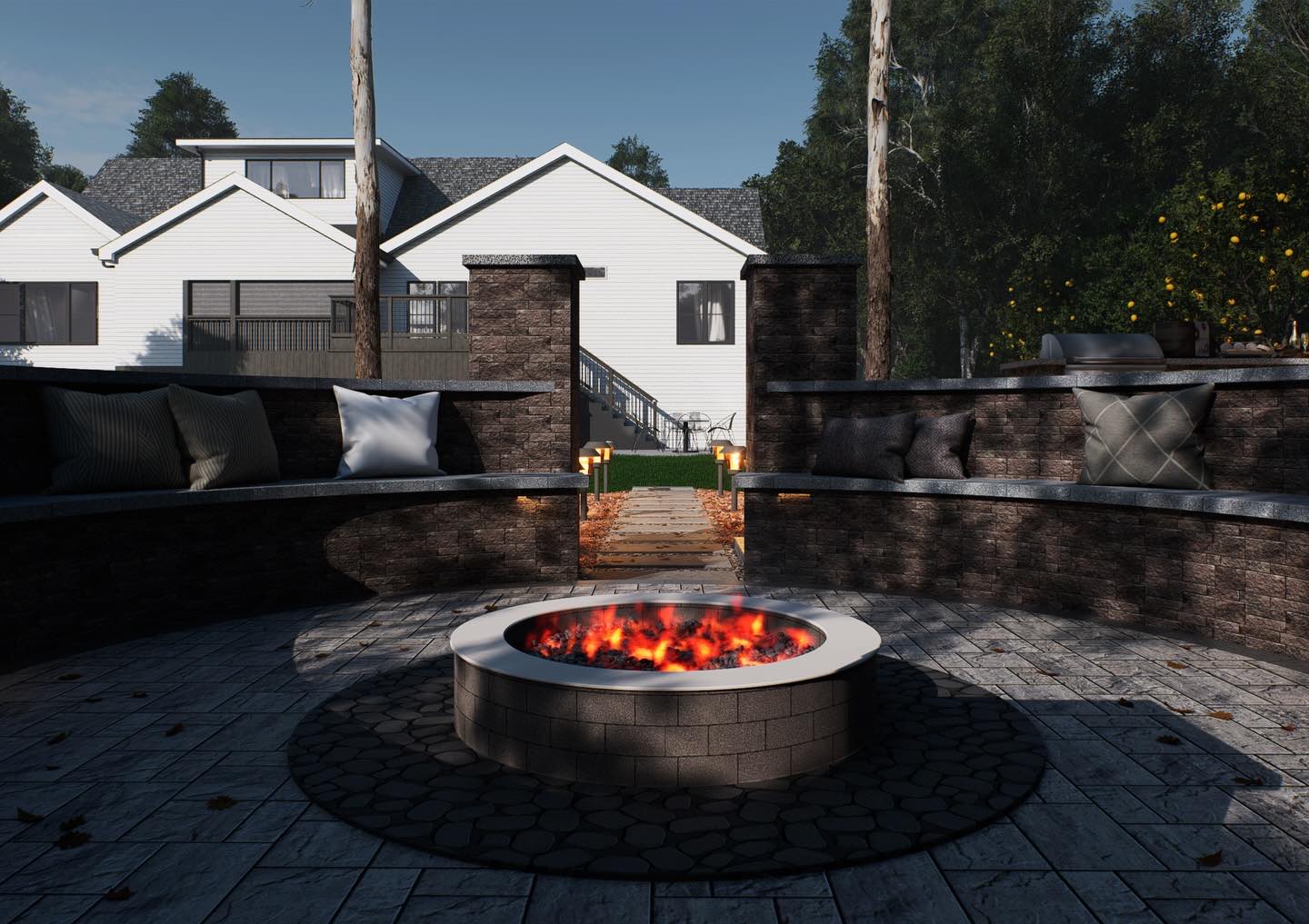 3D rendering showing a custom fire pit area with curved seating and an outdoor kitchen design in Raleigh, North Carolina.