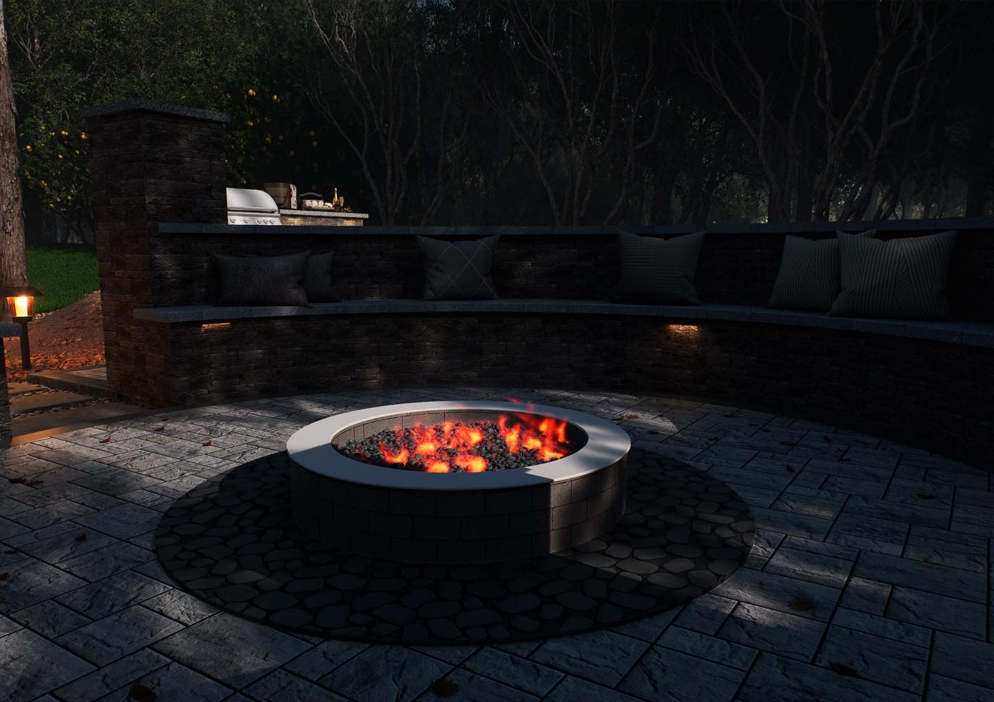 Nighttime 3D rendering of a built-in patio fire pit with curved seating wall, lighting, and paved surfaces in Raleigh, NC.