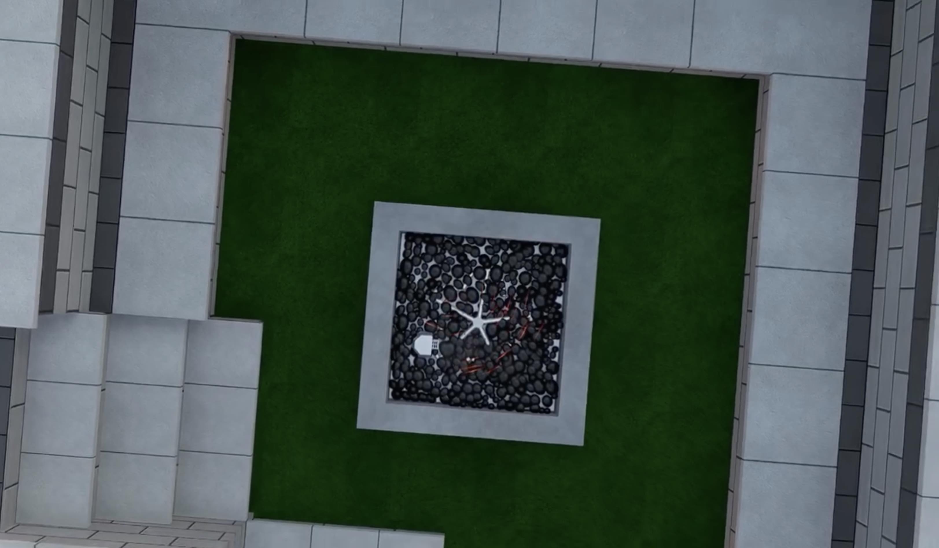 Top view 3D landscape design render showing patio pavers, artificial turf, and fire feature in Raleigh NC.