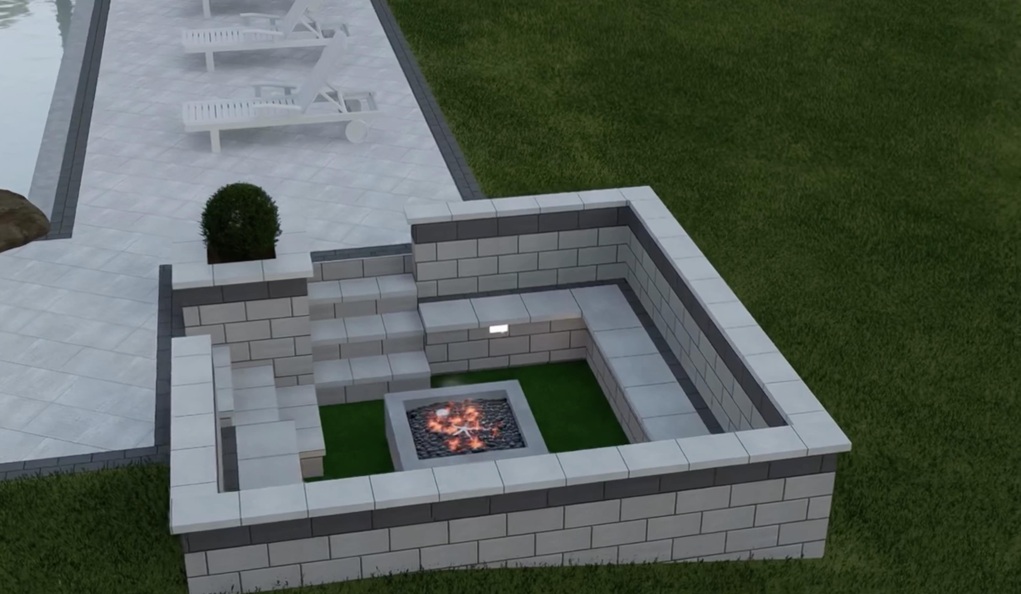 3D render of modern backyard landscaping in Raleigh NC with stone seating walls and fire pit installation.