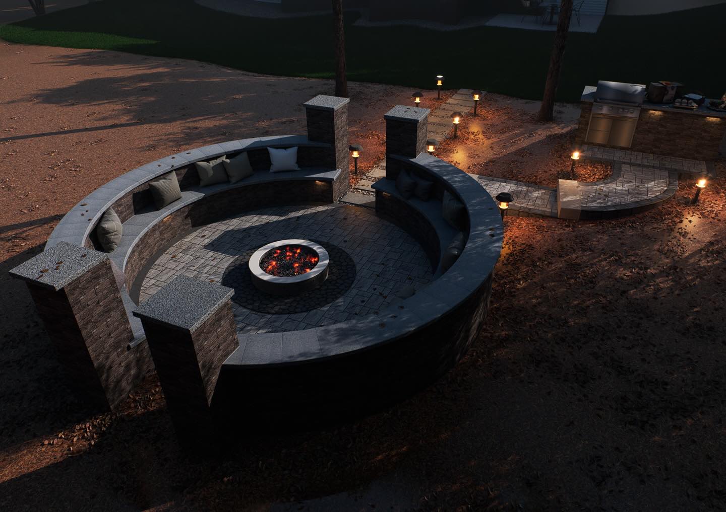 3D landscape design render in Raleigh NC featuring a circular fire pit patio with built-in seating and landscape lighting.