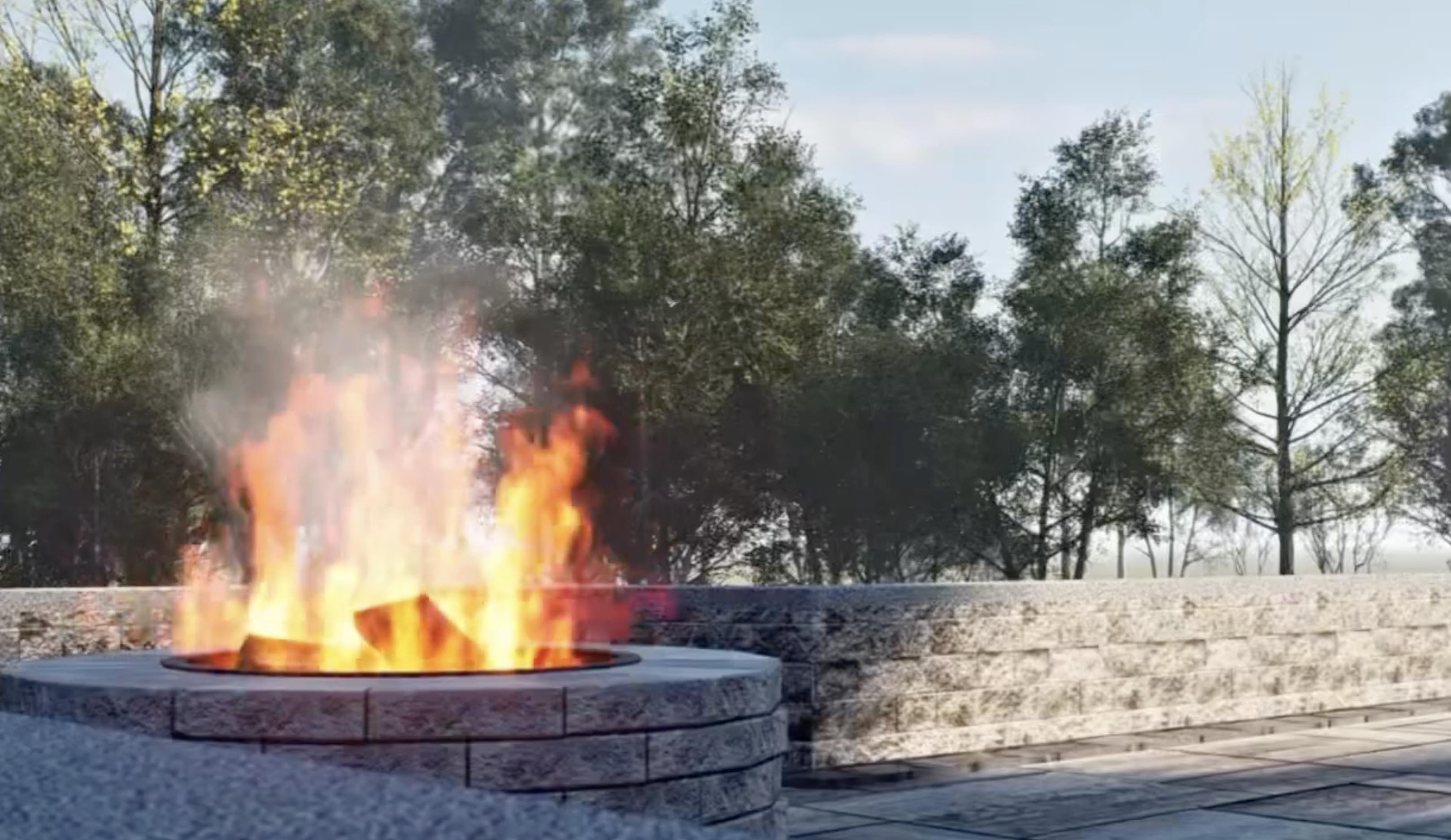 Close-up 3D rendering of a built-in fire pit with flame over fire media in a paved patio setting in Raleigh, North Carolina.