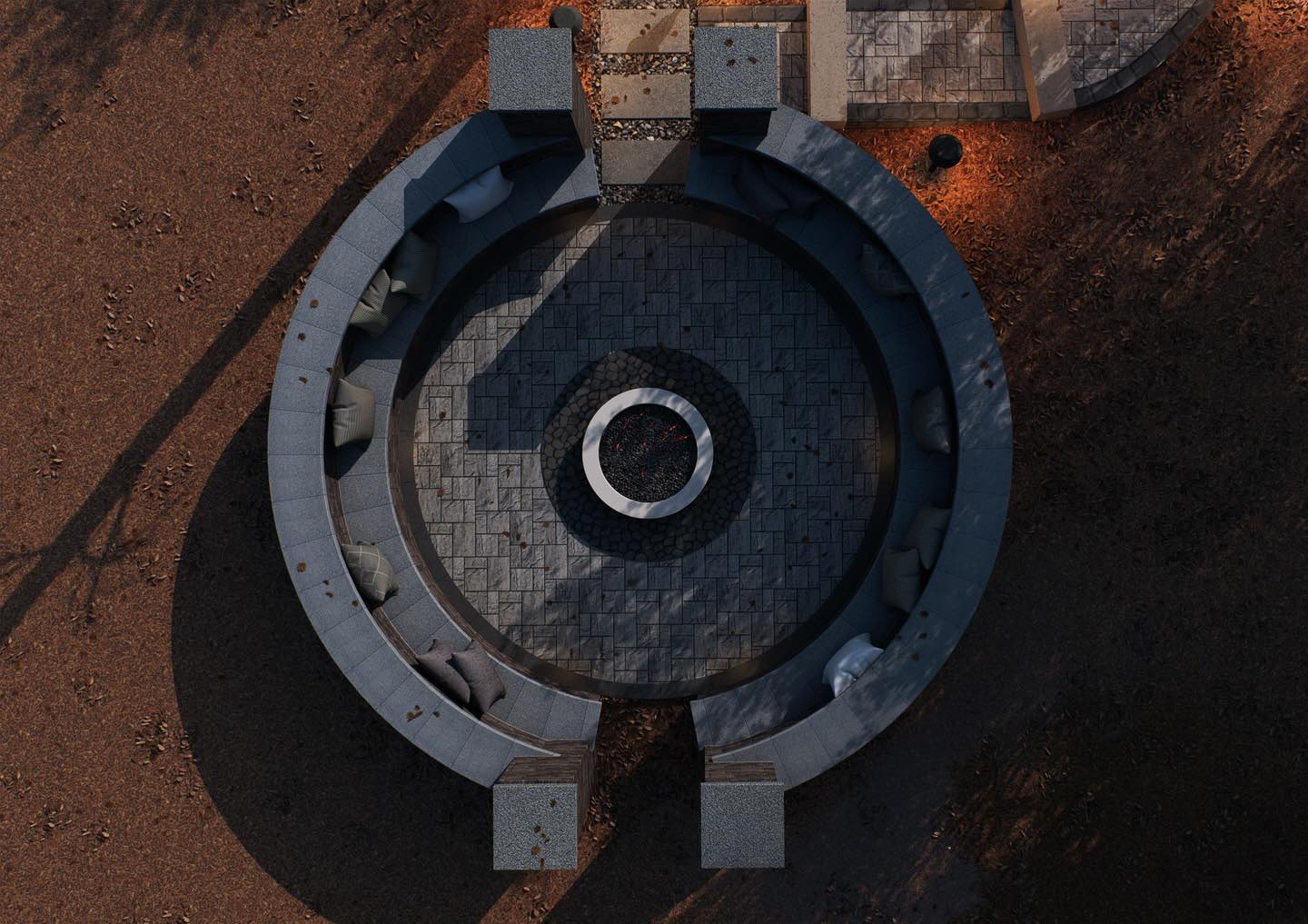 Overhead 3D landscape design render of a circular stone fire pit and seating area in Raleigh NC.