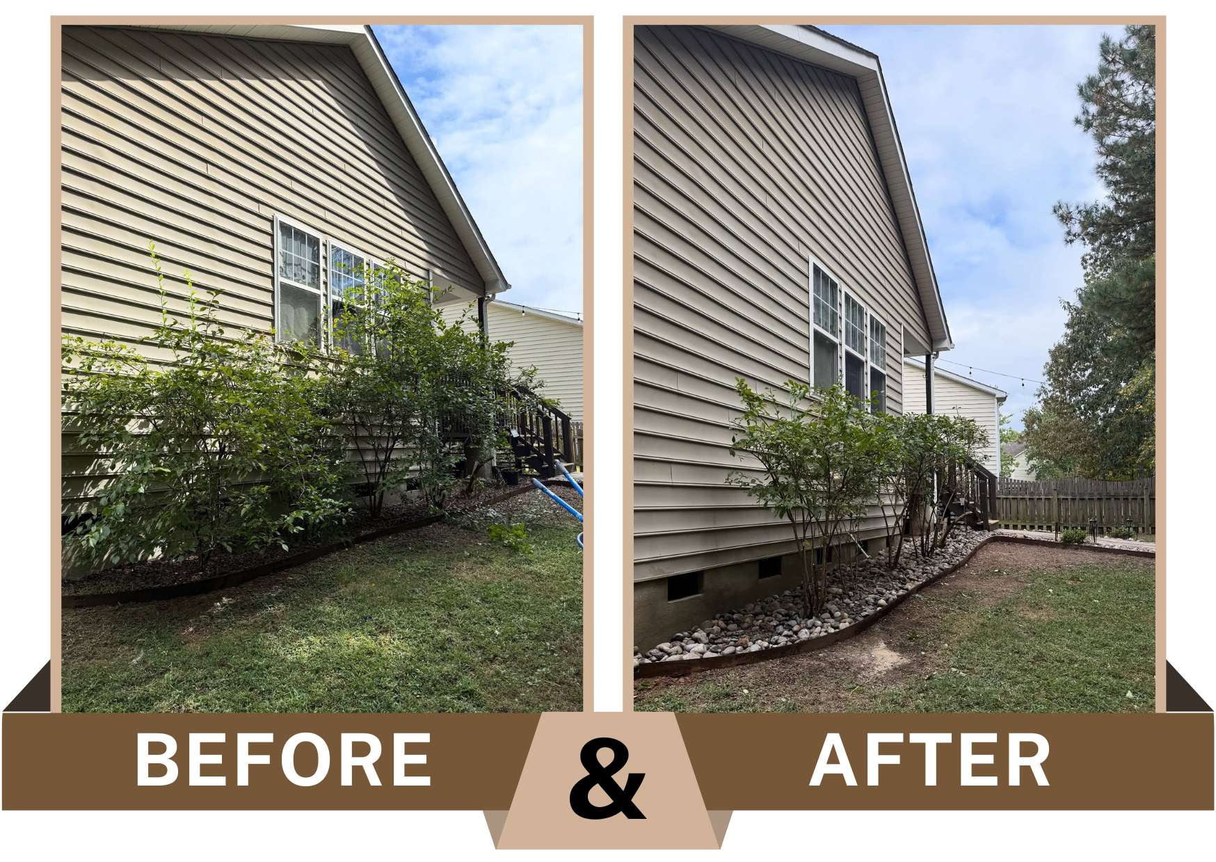 Before-and-after of a Durham, NC river rock bed installation along a home, showing a cleaned-out planting bed with a low-maintenance rock finish and defined border.
