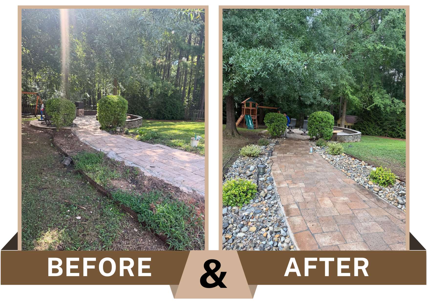 Before-and-after of a backyard walkway where river rock was added along both sides to create clean, low-maintenance borders and a more finished look.