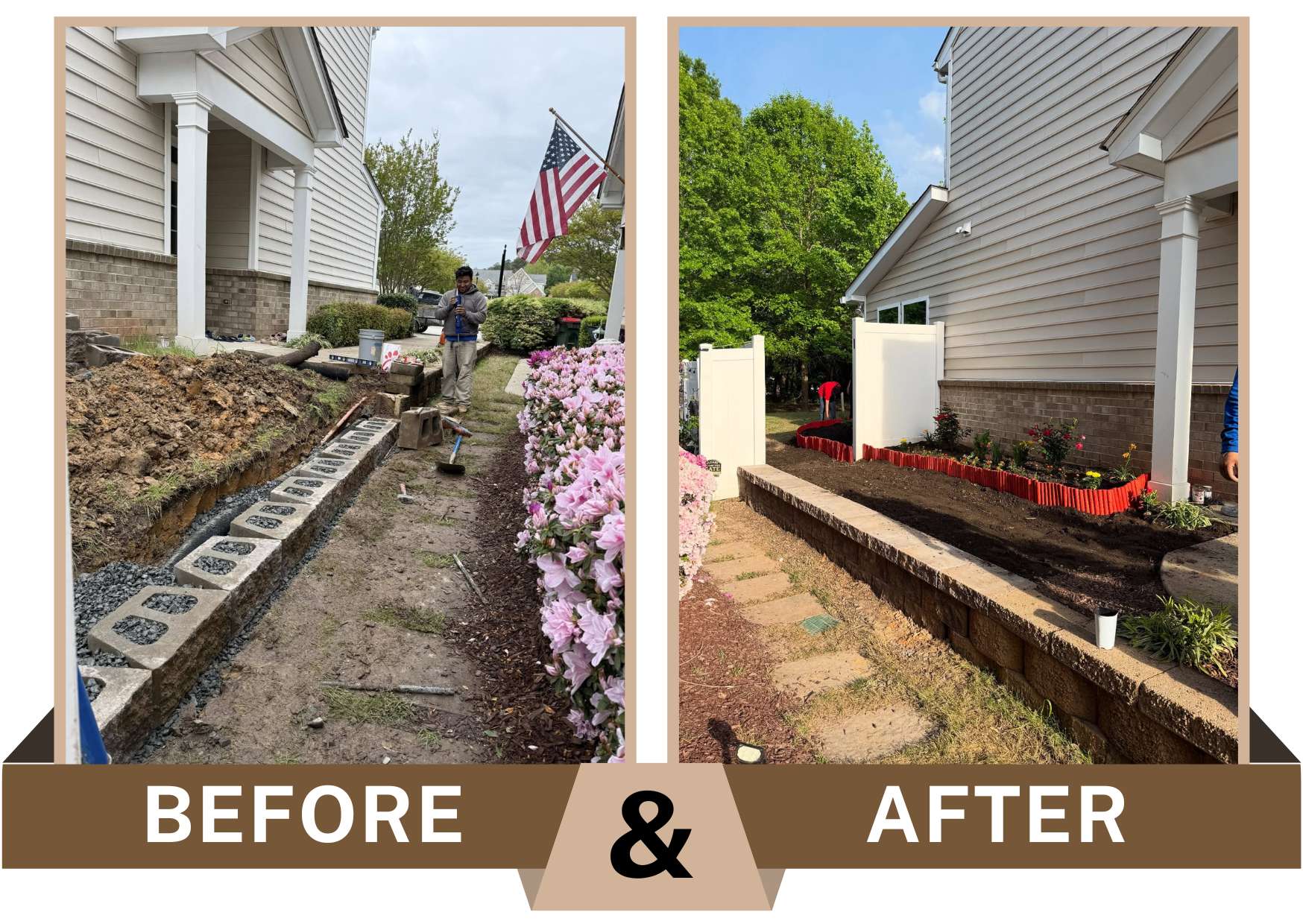 Before and after small retaining wall hardscaping project in Cary NC providing grade support and defined planting bed.