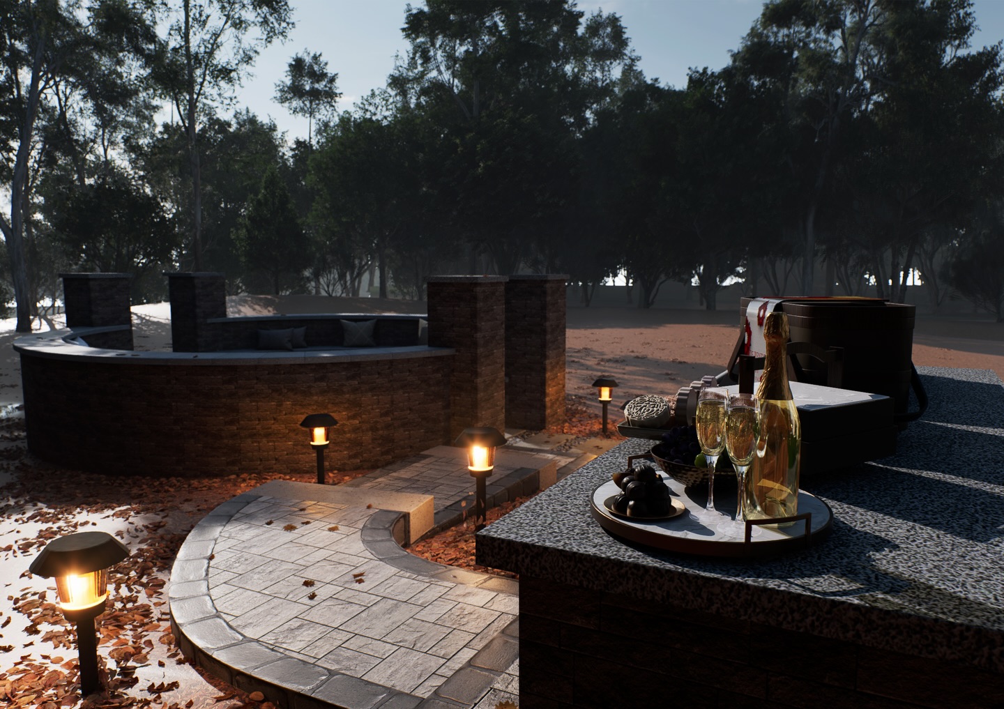 Custom landscape design in Raleigh NC featuring an outdoor kitchen counter, paver patio walkway, pathway lighting, and a backyard outdoor living layout with fire pit seating