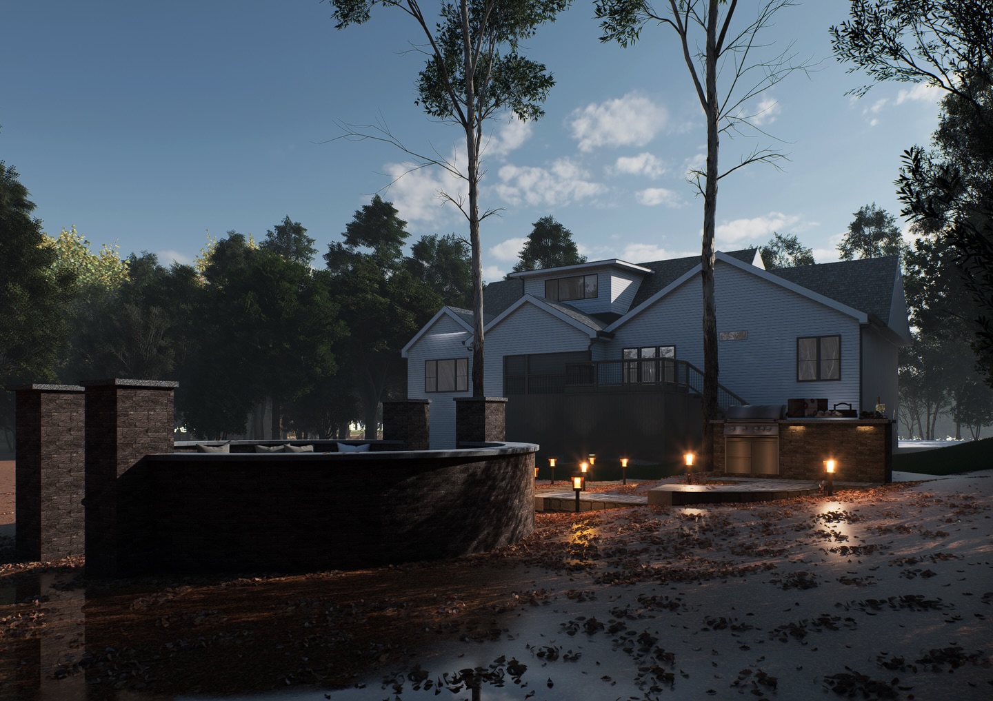 Custom landscape design in Raleigh NC showing a backyard outdoor living layout with curved seating wall, fire feature area, outdoor kitchen, pathway lighting, and hardscape design