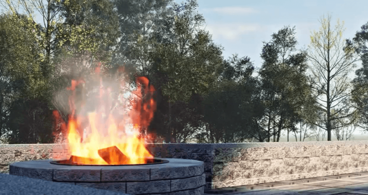 3D landscape design rendering in Chapel Hill NC showing a fire pit area with retaining wall backdrop and patio space in a backyard layout.