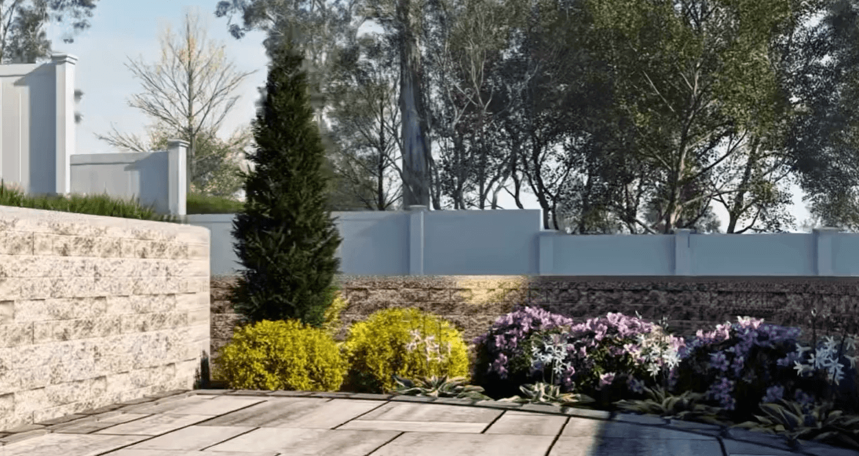 3D landscape design rendering in Chapel Hill NC showing patio space with retaining wall, privacy planting, and layered ornamental shrubs