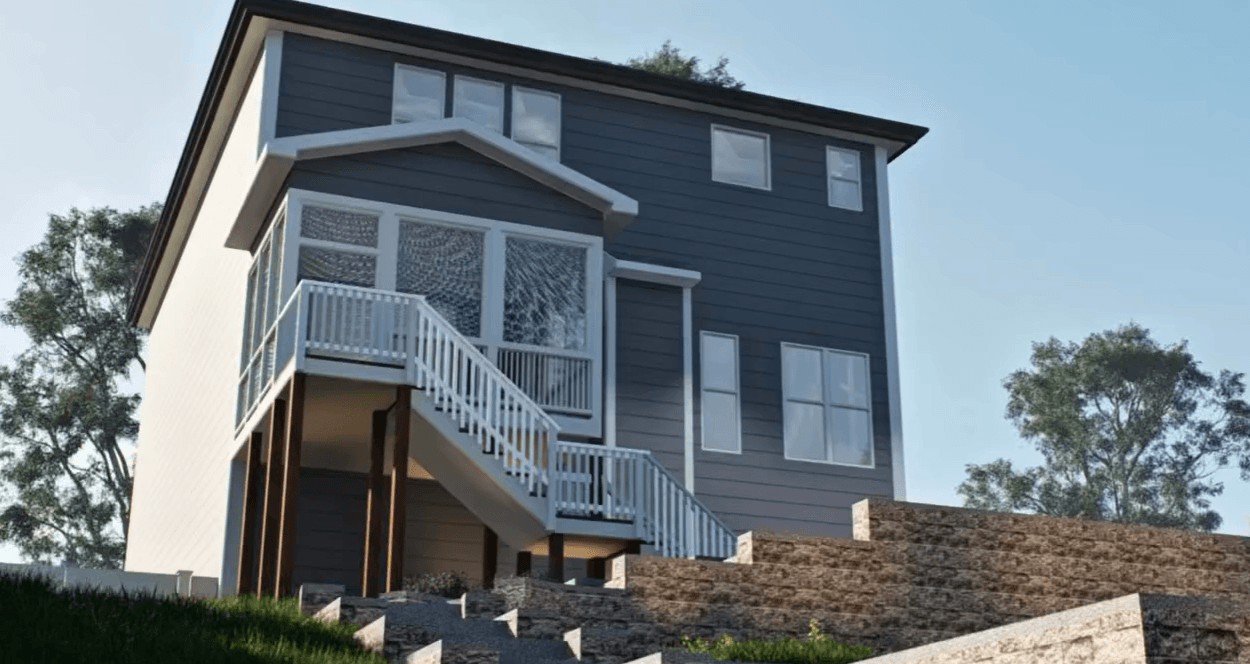 3D landscape design rendering in Chapel Hill NC showing a sloped backyard with retaining walls, stair access, and structured layout planning