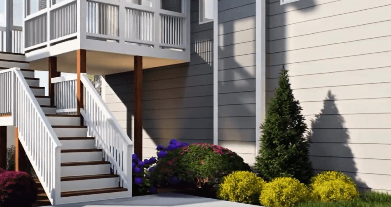 3D landscape design rendering in Chapel Hill NC showing foundation planting with layered shrubs and ornamental planting around a stair entry