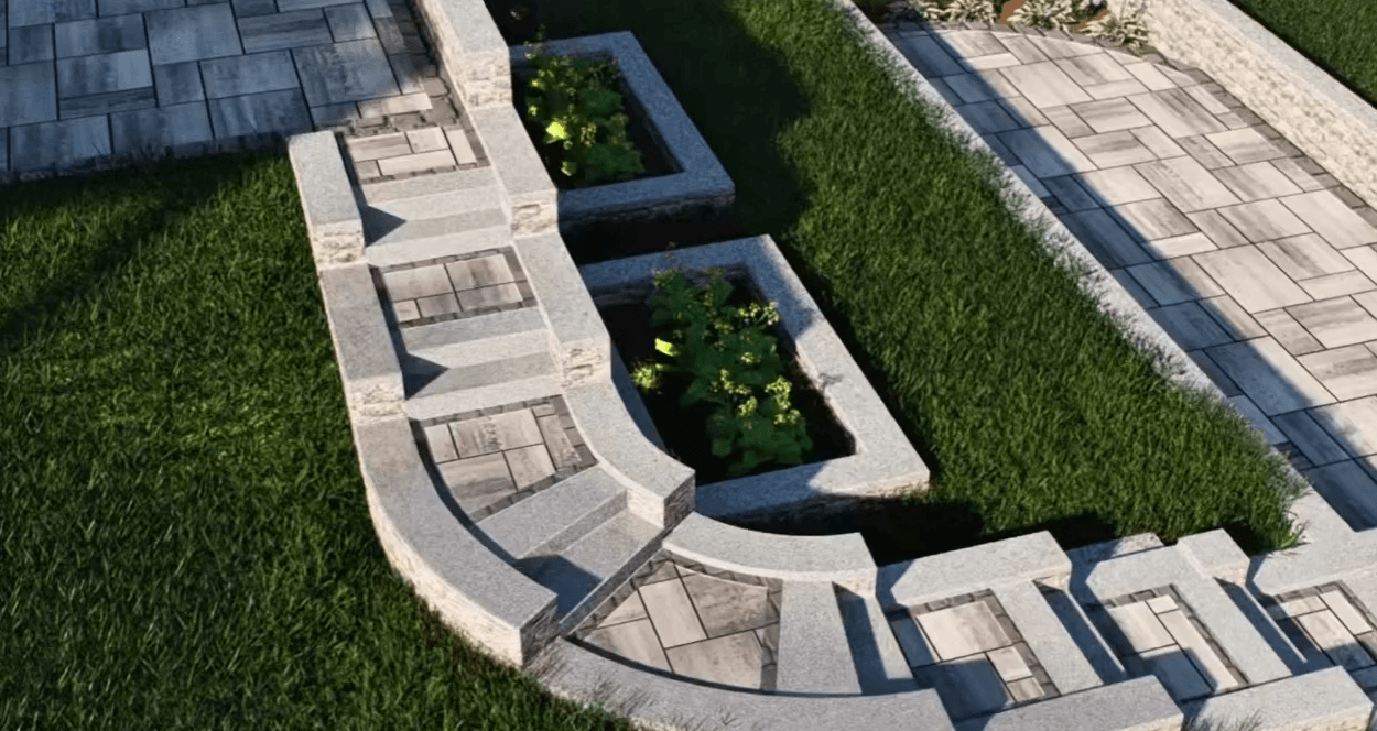3D landscape design rendering in Chapel Hill NC showing paver steps, raised planter beds, and hardscape layout planning for a backyard