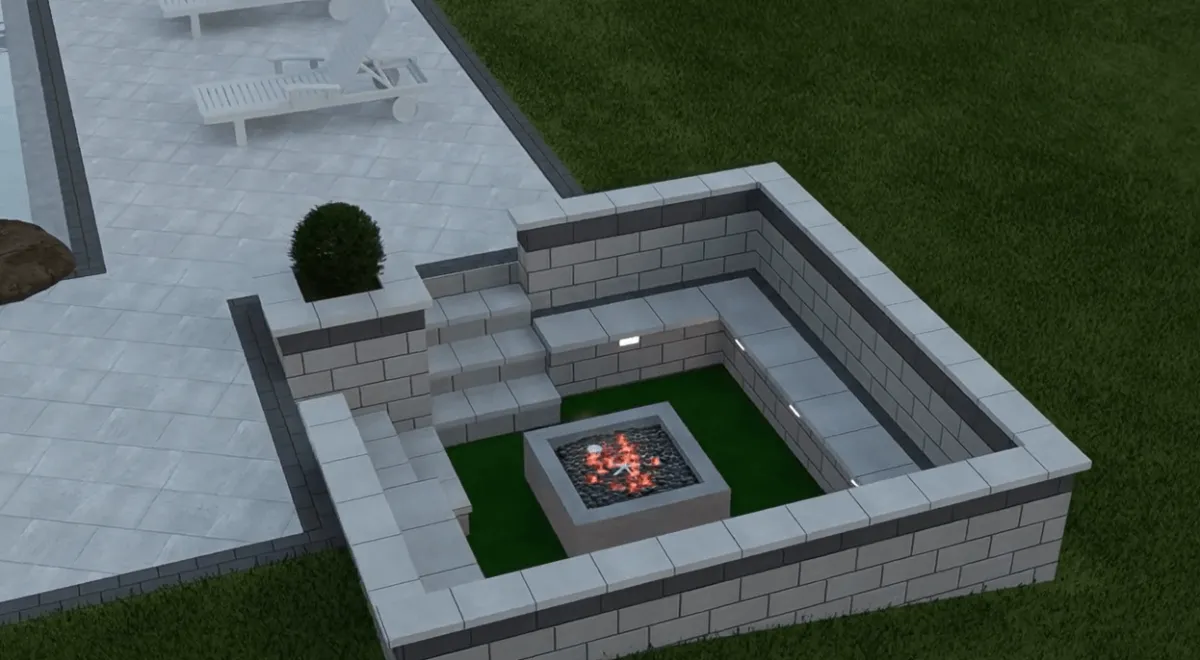 Full backyard landscape layout showing pool placement, patio space, and outdoor kitchen areas designed for entertaining.