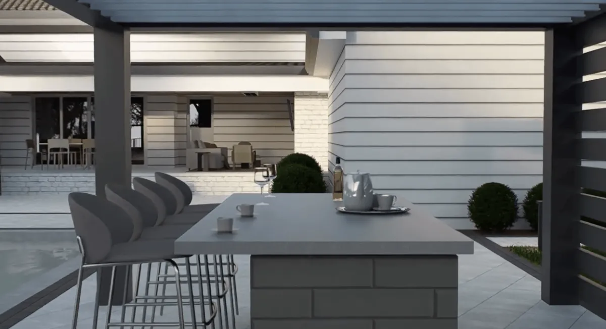 Backyard landscape design concept with pool water feature, patio layout, and surrounding outdoor living space in Holly Springs NC