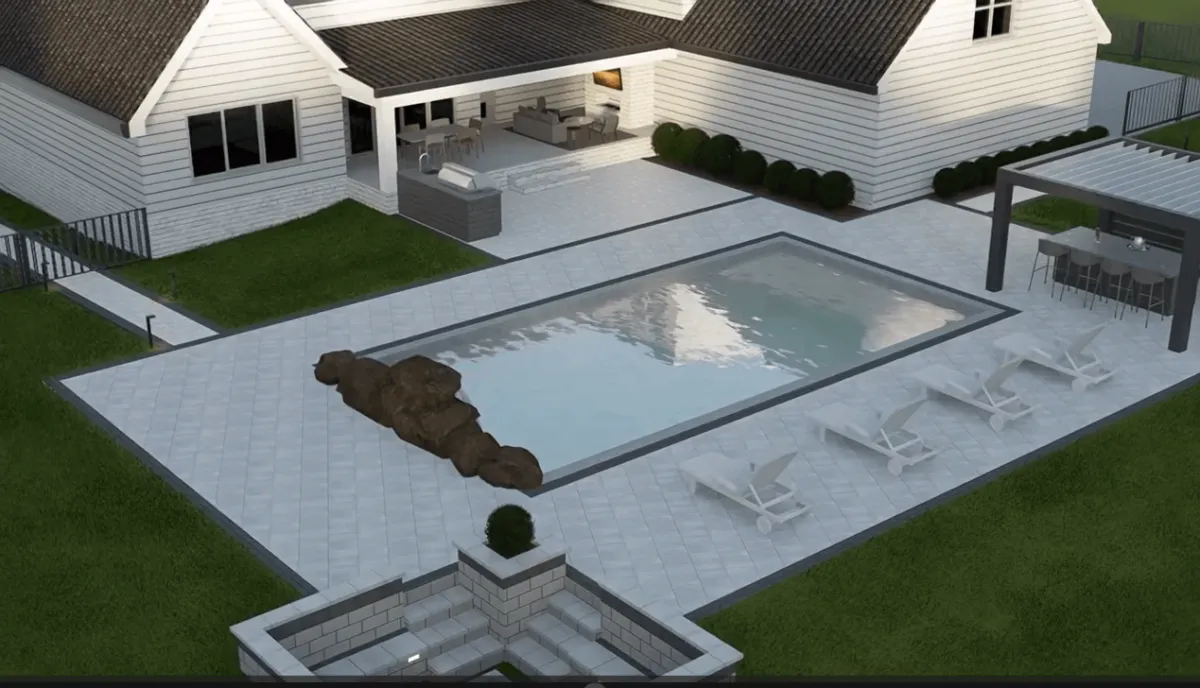 Outdoor kitchen and patio layout concept for a backyard landscape design that connects dining, seating, and pool areas.