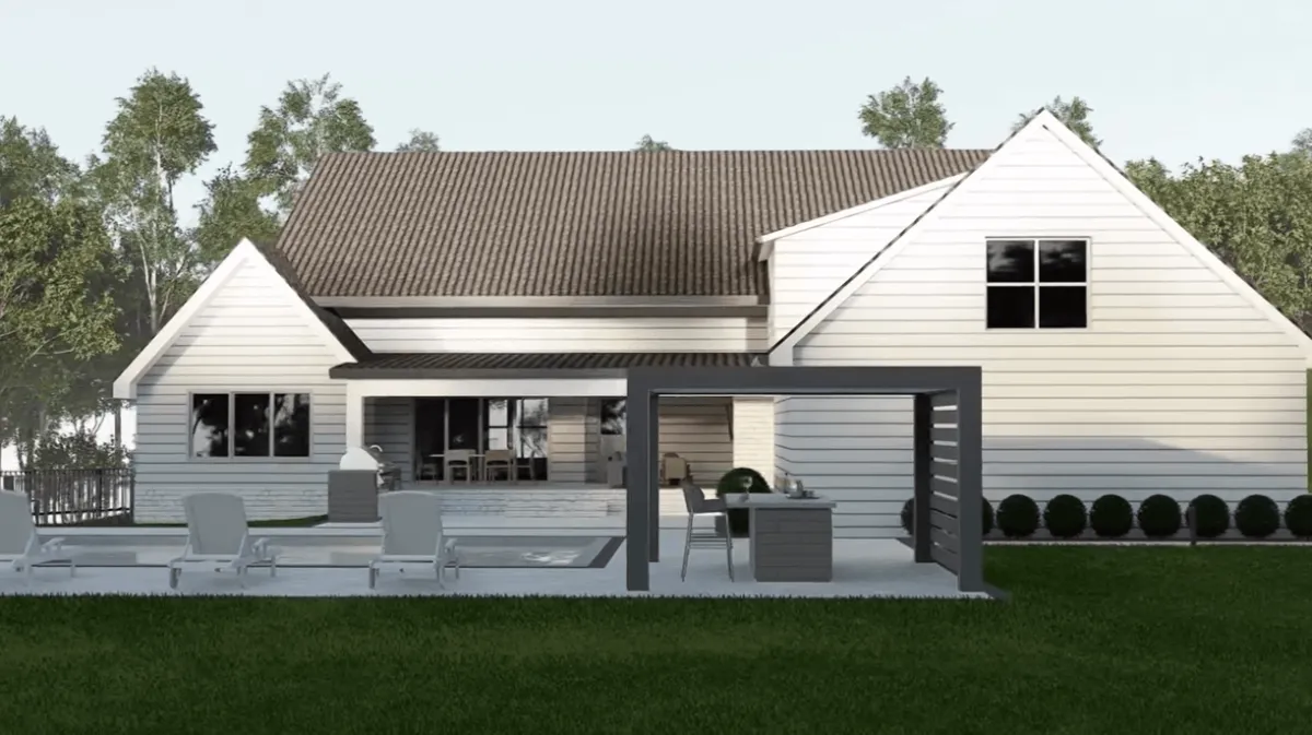 Backyard landscape design with outdoor kitchen, patio seating area, and pool layout concept in Holly Springs NC