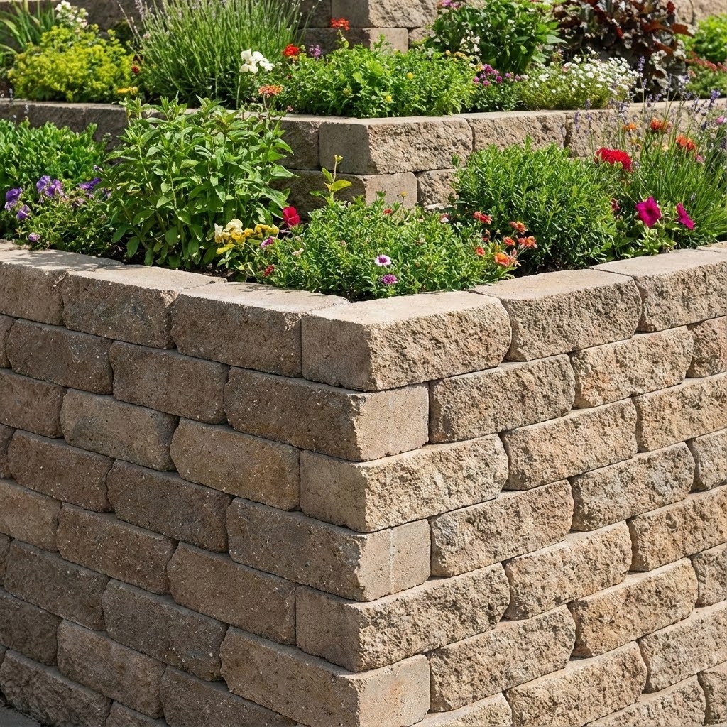 retaining wall installation with stone blocks in Raleigh Durham NC
