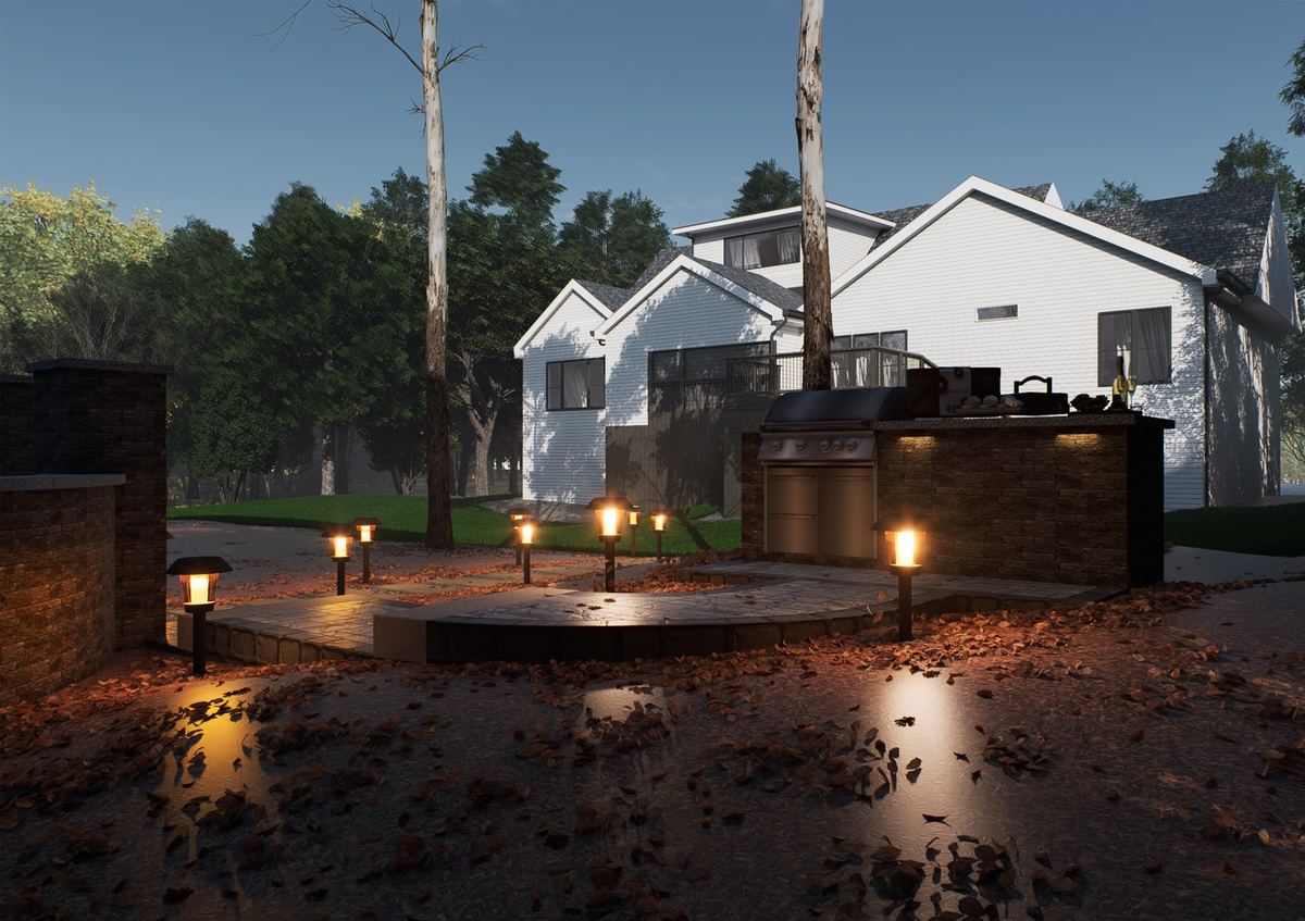 3D rendering of path lighting and outdoor kitchen at dusk in Raleigh NC by MC Landscaping