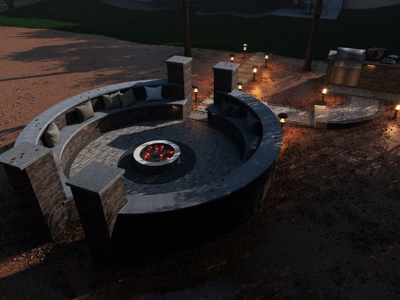 Aerial view of fire pit seating area with path lights at dusk in Raleigh NC by MC Landscaping