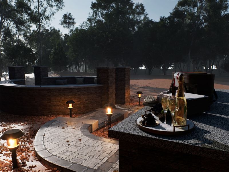 Patio seating wall with path lighting at dusk in Raleigh NC by MC Landscaping
