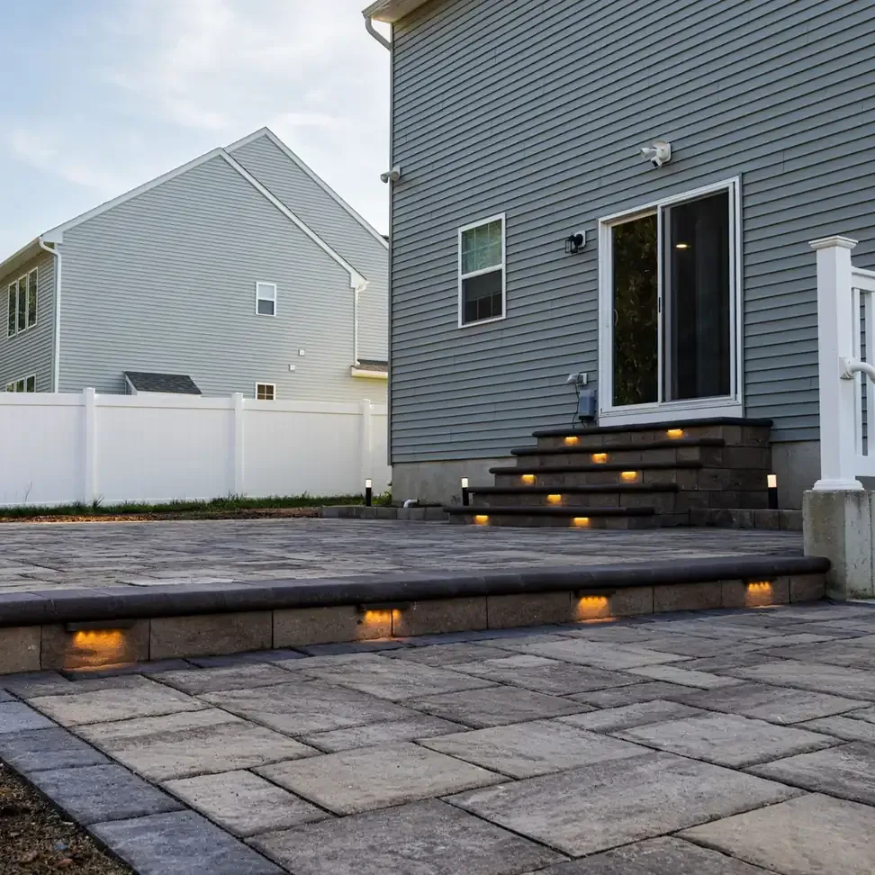 hardscape steps with LED lighting installed by MC Landscaping in NC