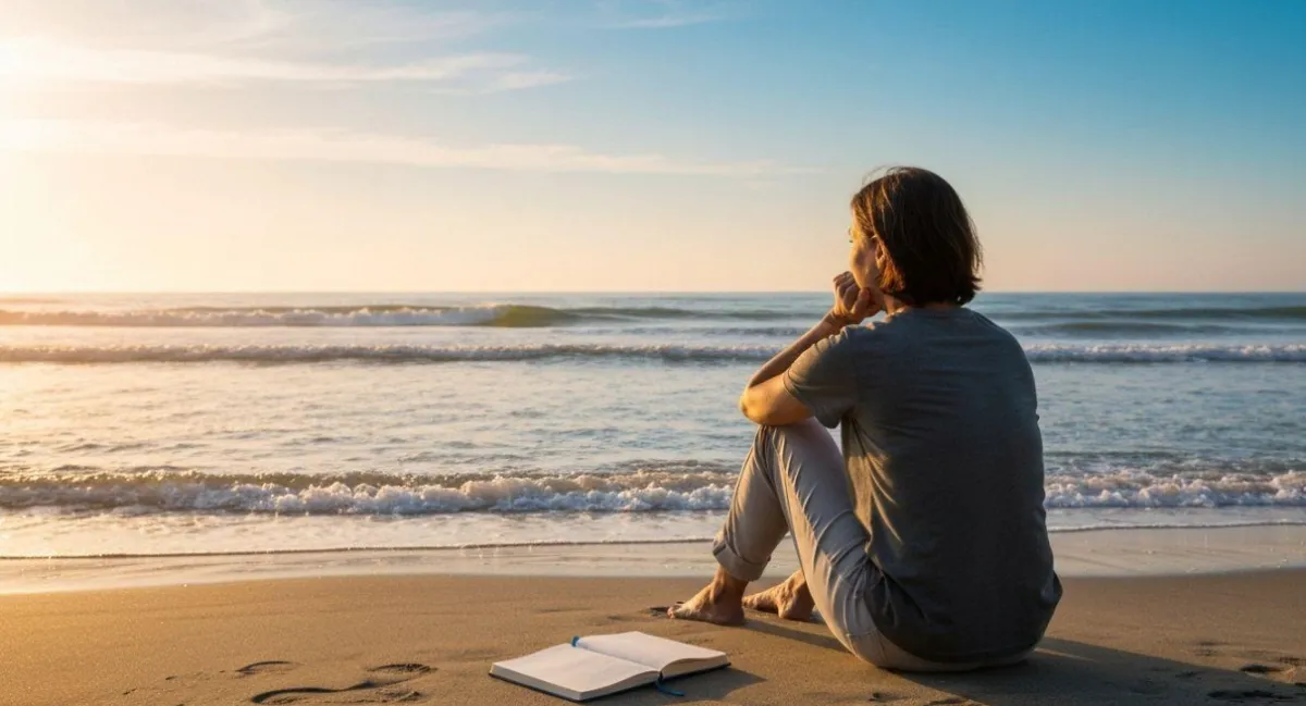 Femme assise face à la mer pendant les vacances, réfléchissant à son bien-être psychologique et à son équilibre intérieur.