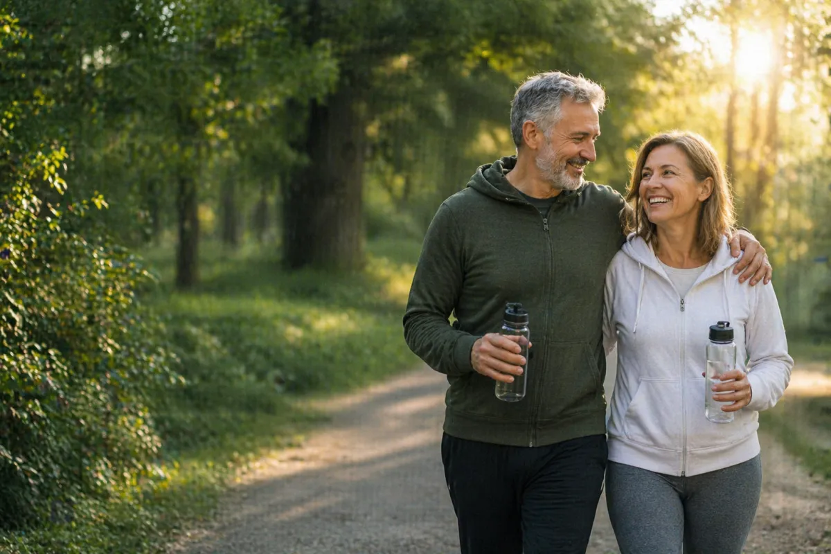 Supportive heart-health community walking together outdoors