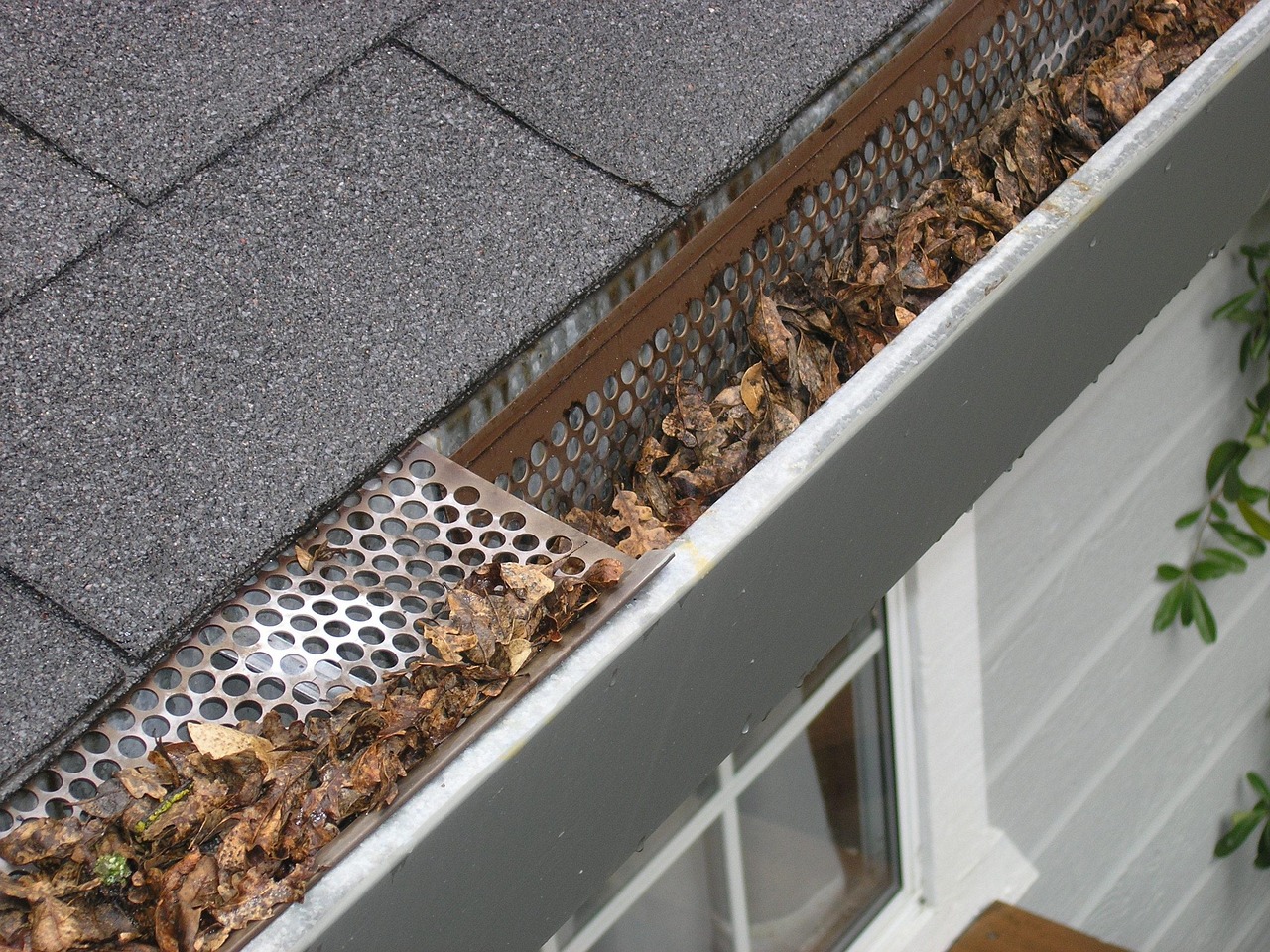 Fall leaves filling gutters along the roof of a home.