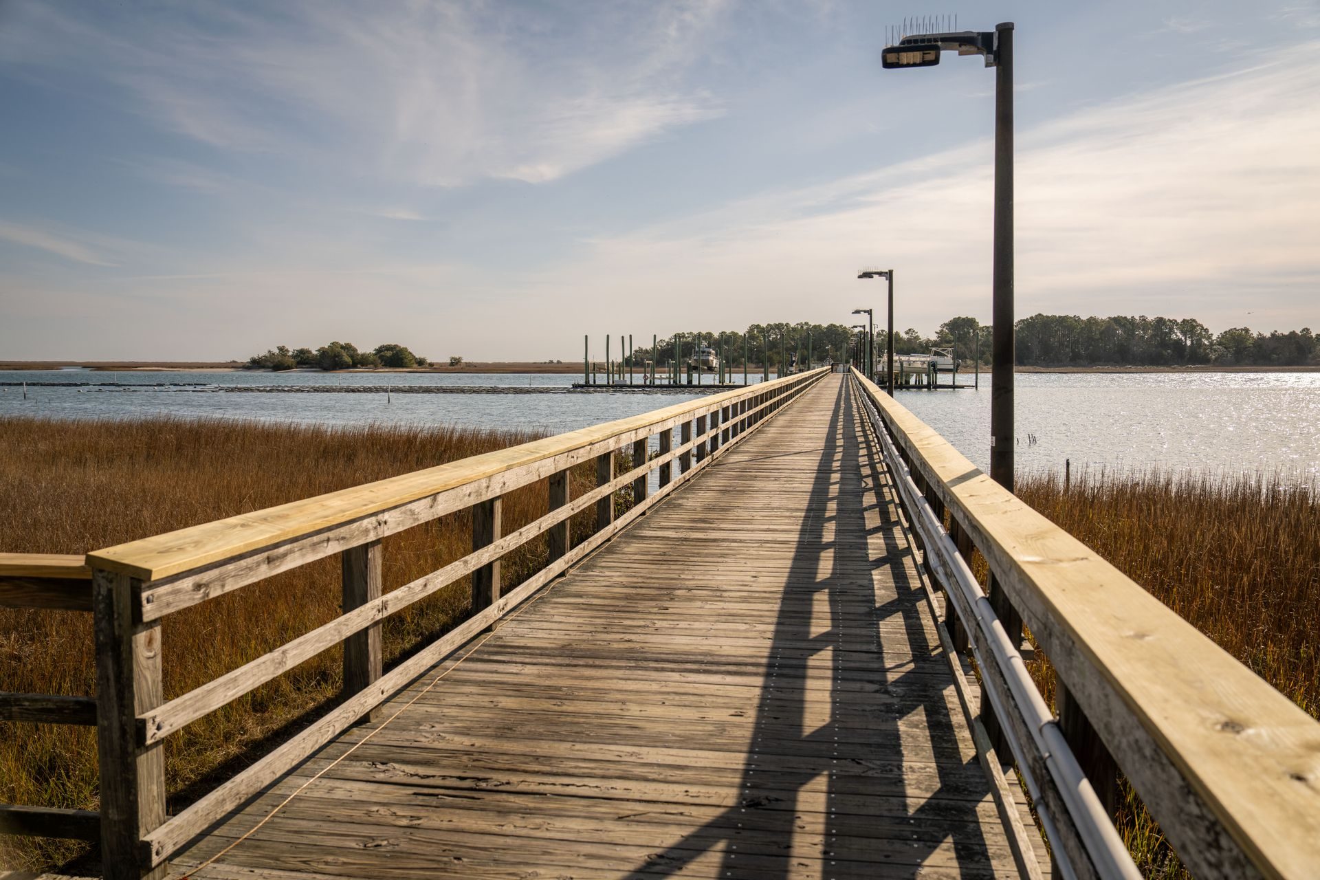 Long wooden dock walkway with railings crossing golden marsh grass to open water