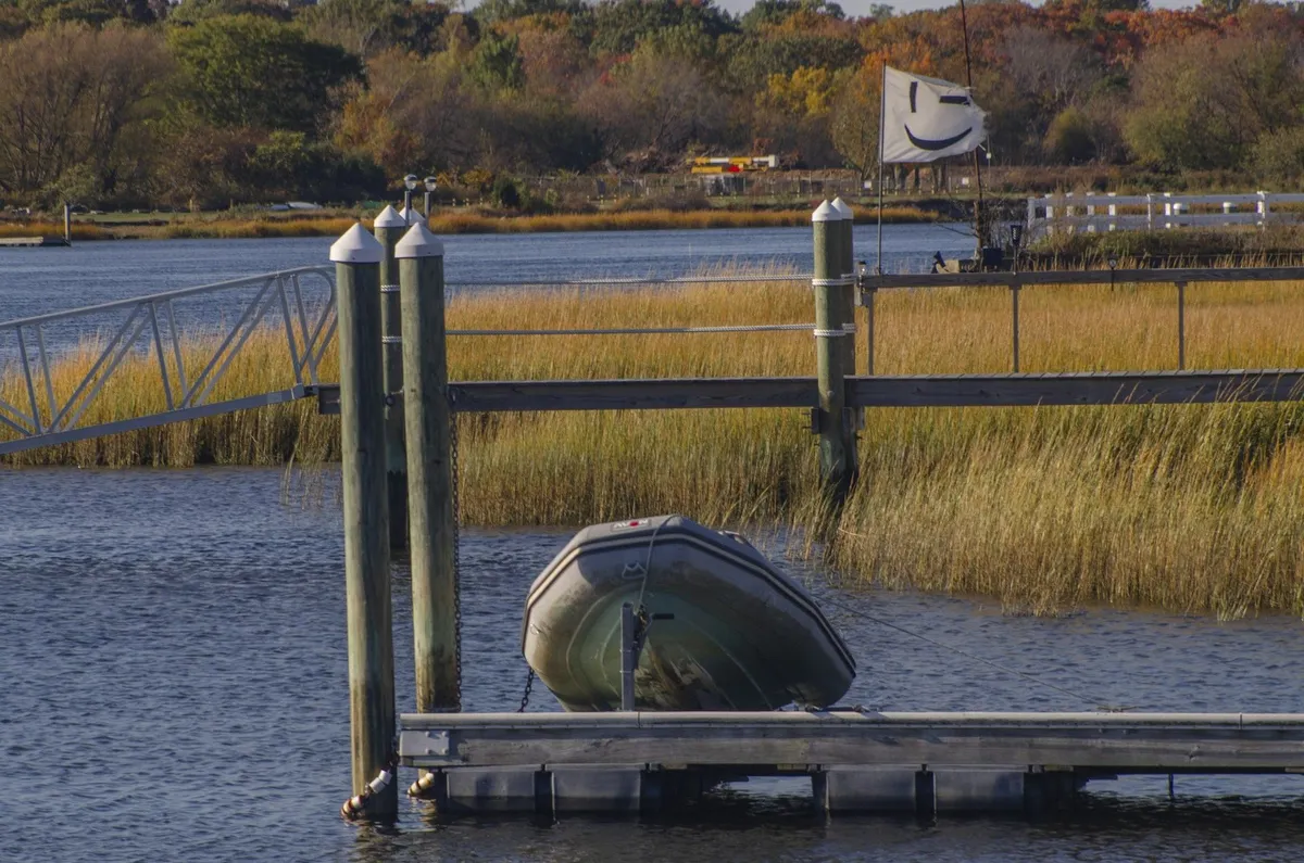 Floating dock with pilings and a gangway railing beside tan marsh grass