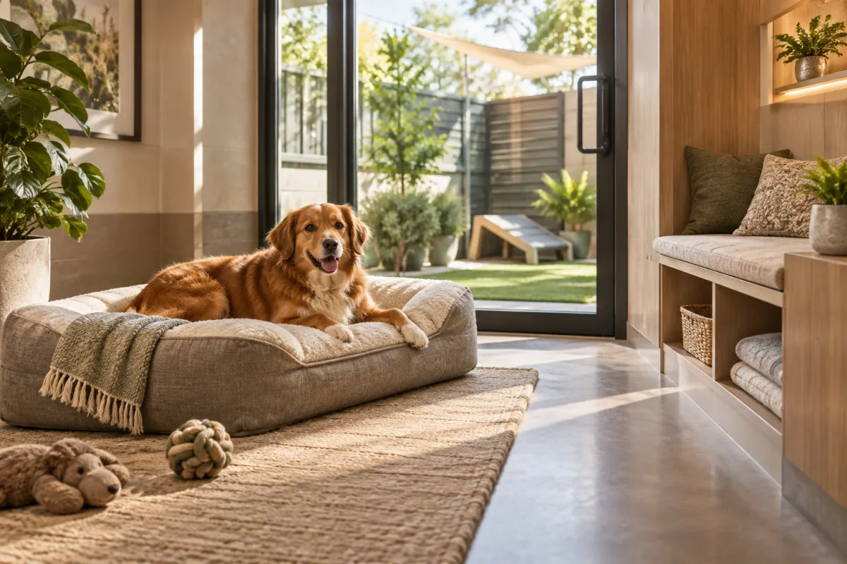 Dog relaxing in a private suite at a premium pet hotel