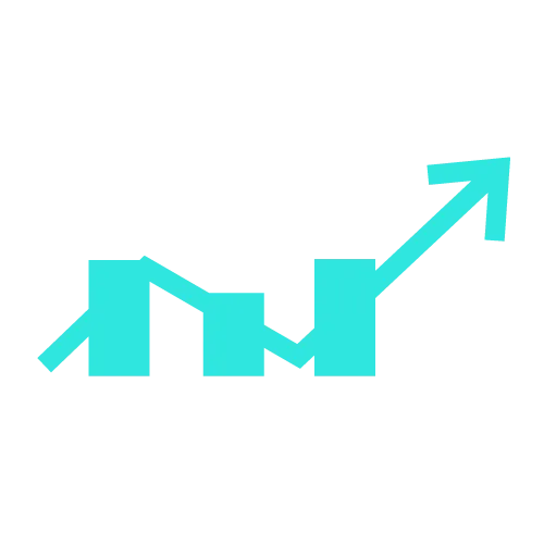 Teal arrow pointing up, overlapping symbols indicating a bar graph