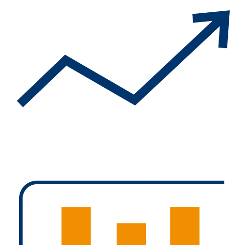 Blue arrow pointing up with orange lines symbolic of a bar graph below.