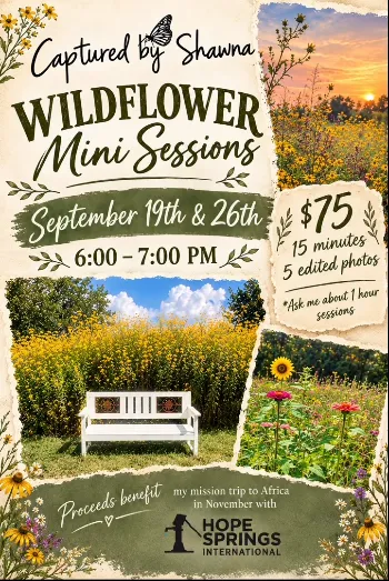 Wildflower mini sessions flyer from a Hendersonville, TN family photographer, with proceeds supporting the mission trip